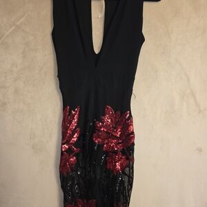 Black Dress with Red Sequin Floral Detail - Women's Evening Dress